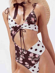 Dot Floral Print Cutout One-piece Swimsuit