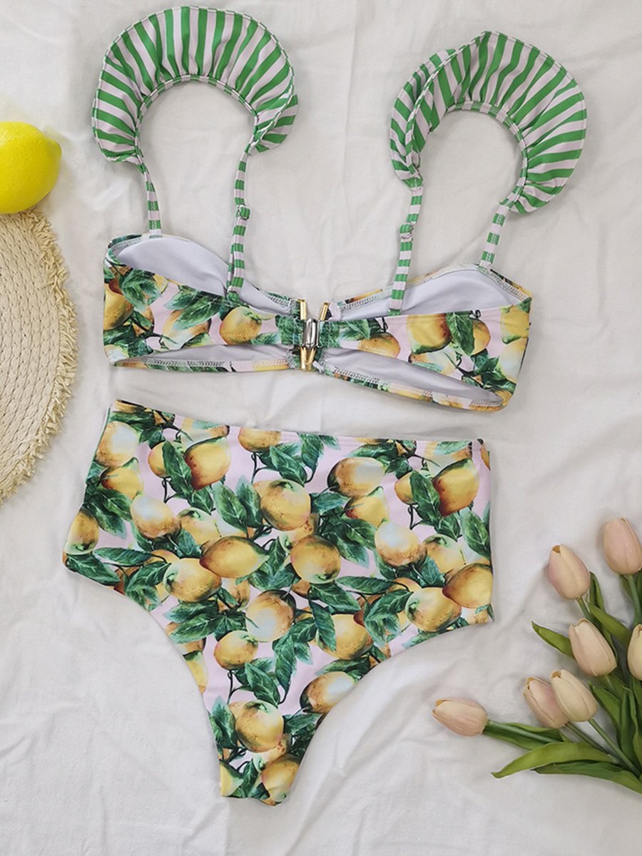 Bandage Ruffle Flower Print Bikini Set