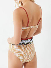 Spaghetti Strap Hollow-out Design Striped One-piece Swimsuit