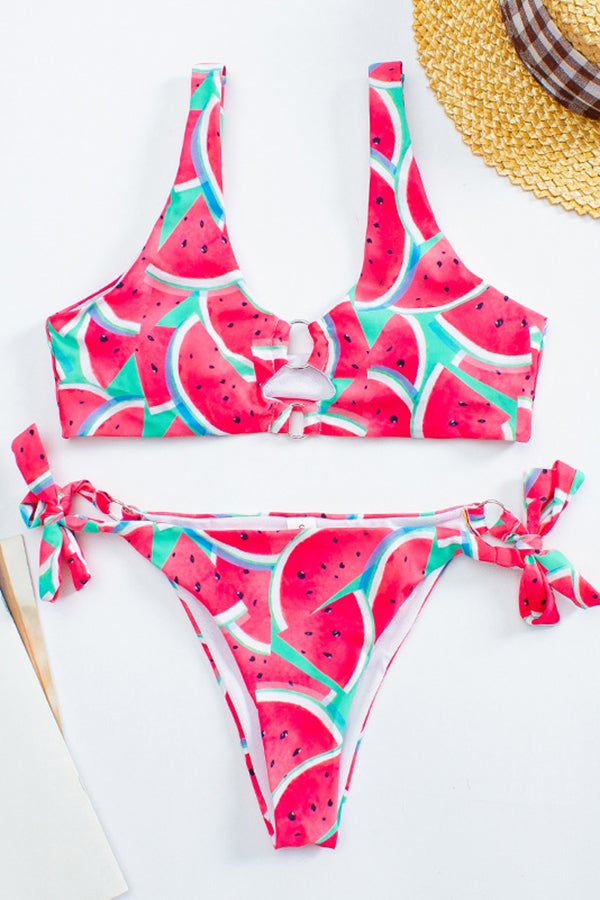 Watermelon Print Ring Hollow Bikini