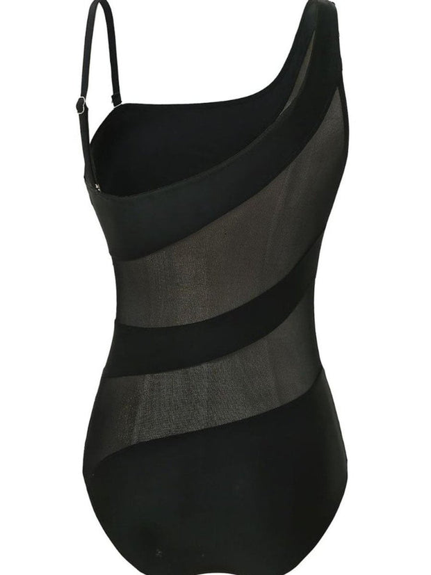 One Shoulder Patchwork Black One-piece Swimsuit