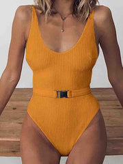 Belt Design Solid One-piece Swimsuit