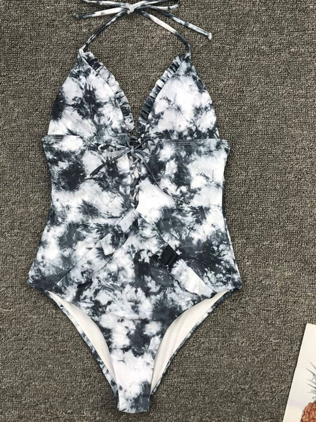 Flirty Ruffle Marble Print Halter Tie-dye One-piece Swimsuit