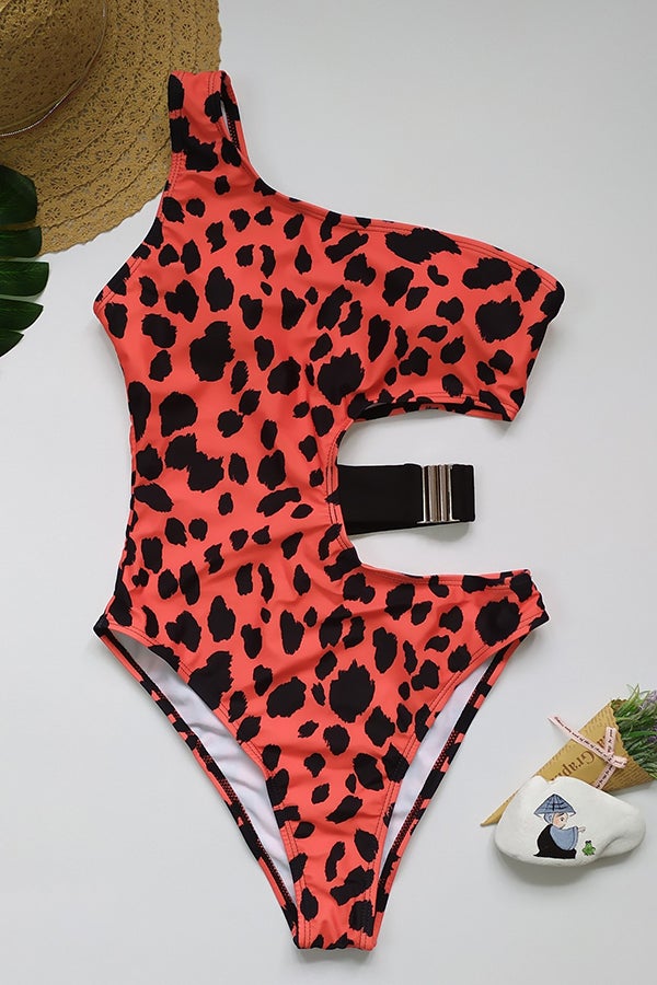 One-shoulder Leopard Print One-piece Swimsuit