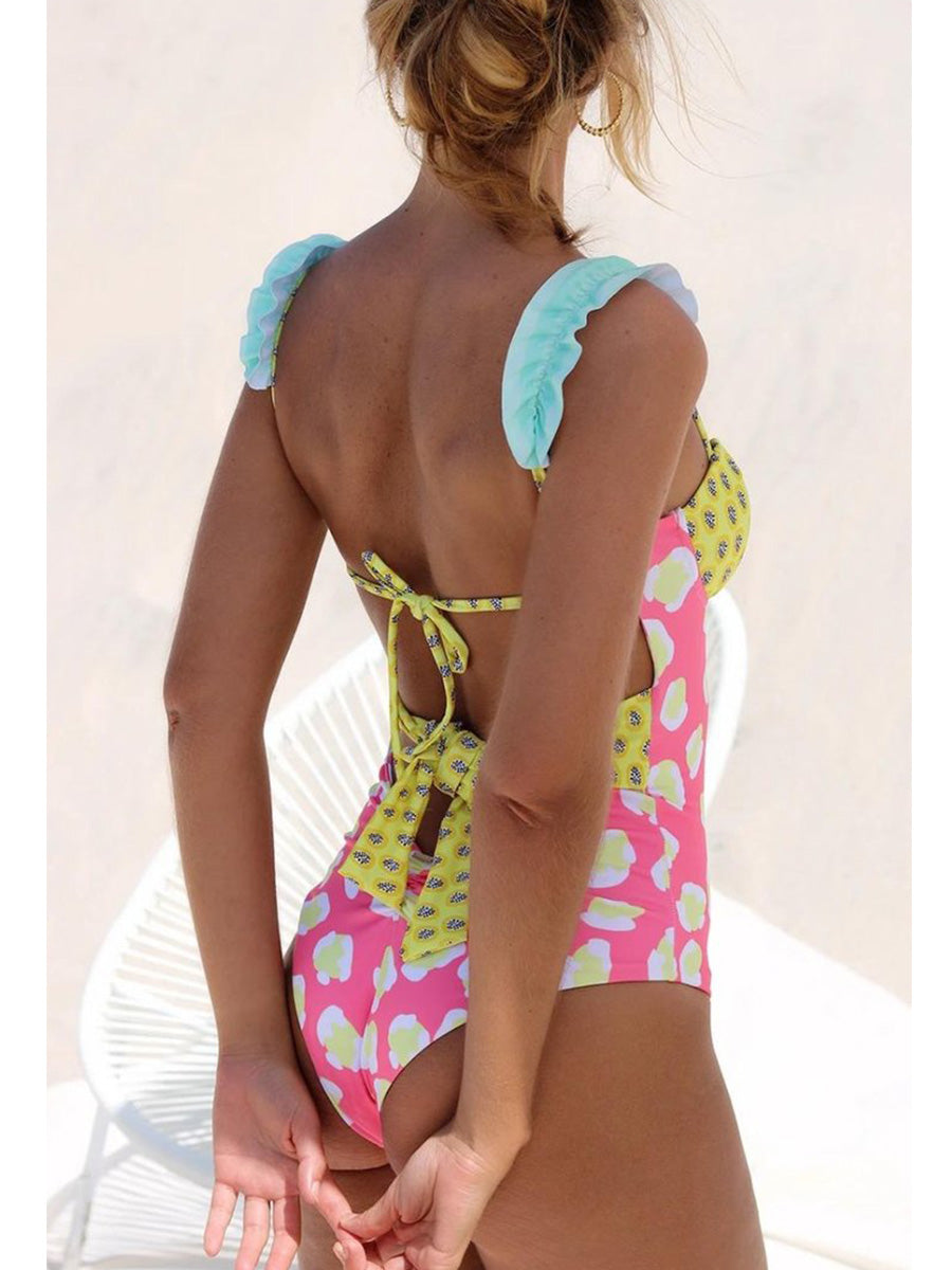 Backless Dot Printed Patchwork Pink One-piece