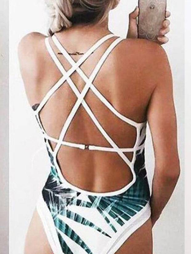 Floral Print Crisscross Strappy Low Back High Leg Deep V One-piece Swimsuit