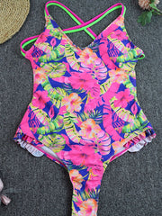 One Piece Swimsuit With Lace Printing Ribbon