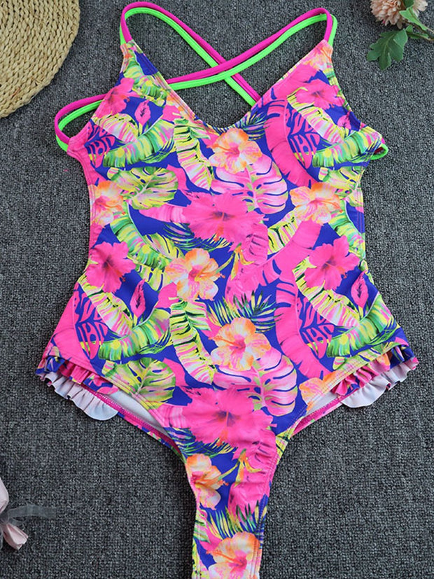 One Piece Swimsuit With Lace Printing Ribbon