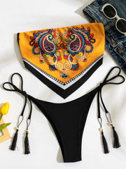 Pattern Print Tassel Design Handkerchief Bikini Set