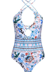 Floral Print Crisscross Strappy Low Back High Leg Deep V One-piece Swimsuit