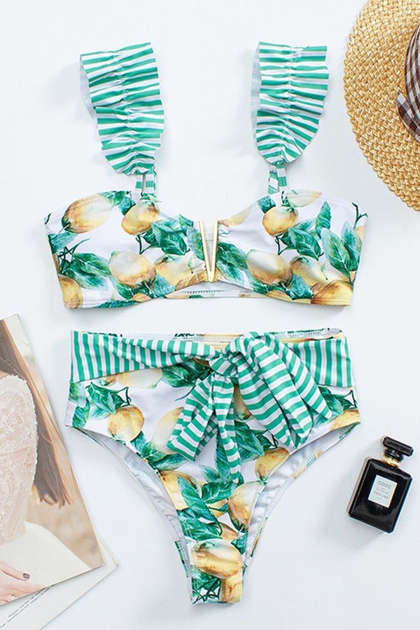 Colorful and Cute Lemon Print Bikini Swimsuit