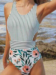 Hollow-out Design Patchwork One-piece Swimsuit