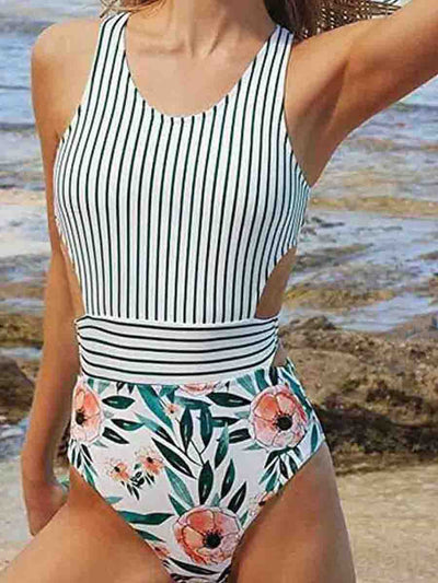 Hollow-out Design Patchwork One-piece Swimsuit