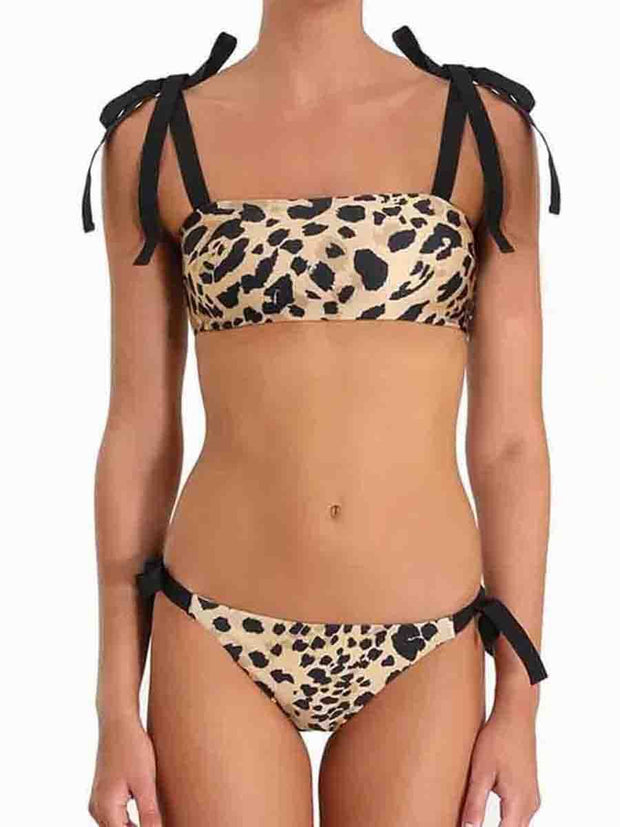 Self Tie Bandeau Leopard Print Two Pieces Swimsuit