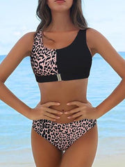 Leopard Floral Patchwork Zipper Bikini Set