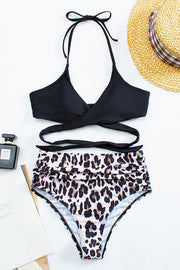 Leopard Cross Open Back High Waist Bikini