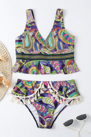 Summer Escape Ethnic Print Fringed Bikini Swimsuit