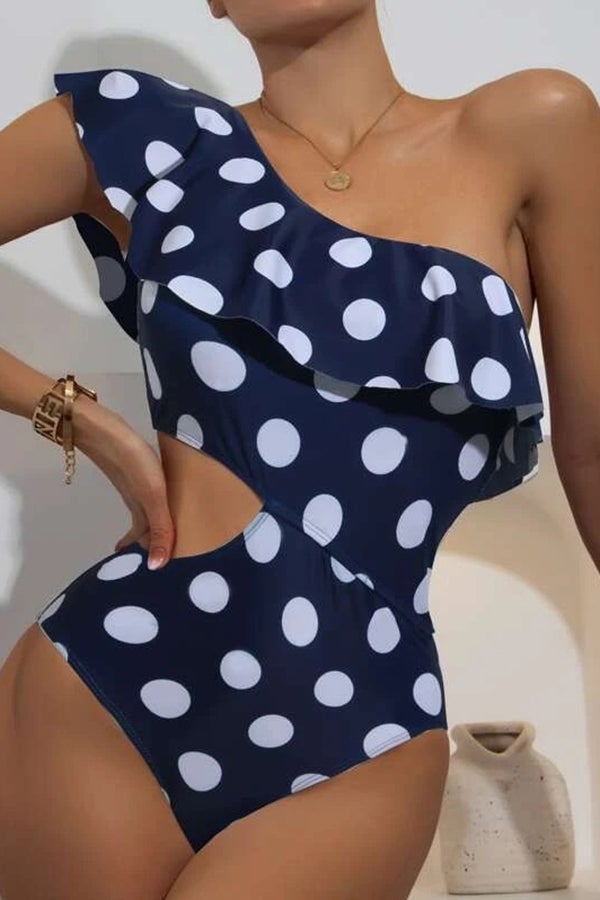 One-shoulder Ruffled Polka Dot One-piece Swimsuit