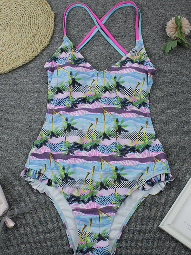 One Piece Swimsuit With Lace Printing Ribbon