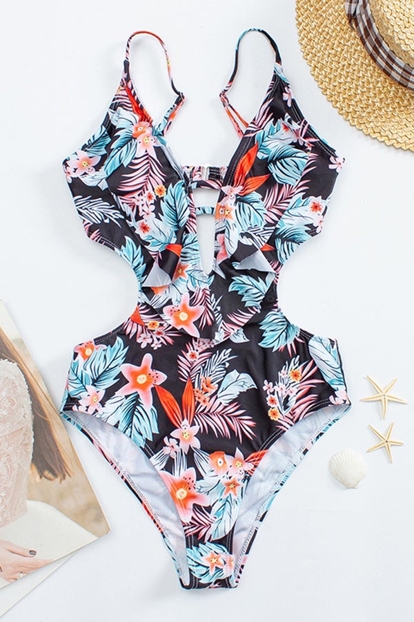 Ruffle Print Waist Cutout One-piece Swimsuit