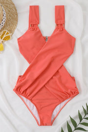Solid V-Neck Crossover One Piece Swimsuit
