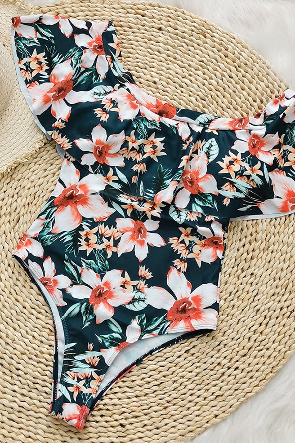 Off-Shoulder Ruffle Print One-Piece Swimsuit