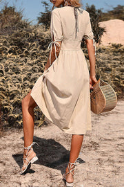 Short-sleeved v-neck solid color cotton and linen dress