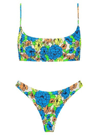 Bandeau Floral Print Patchwork High-cut Bikini Set (3 Colors)