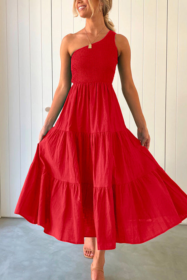 One Shoulder Sleeveless Smocked Ruffle Tiered Maxi Dress