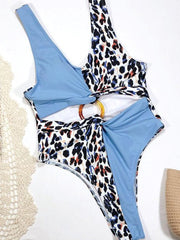 Leopard Print Color Block Cutout O Ring One-piece Swimsuit (2 Colors)