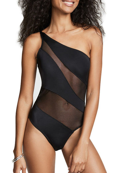 One Shoulder Patchwork Black One-piece Swimsuit