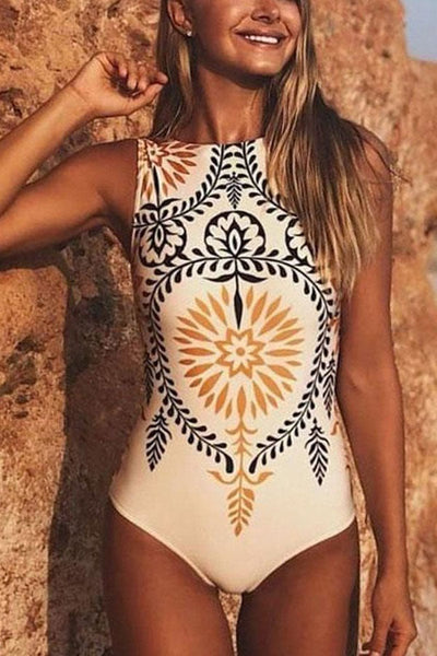 Bohemian Style High Neck One-piece Swimsuit