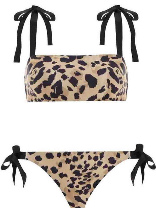 Self Tie Bandeau Leopard Print Two Pieces Swimsuit