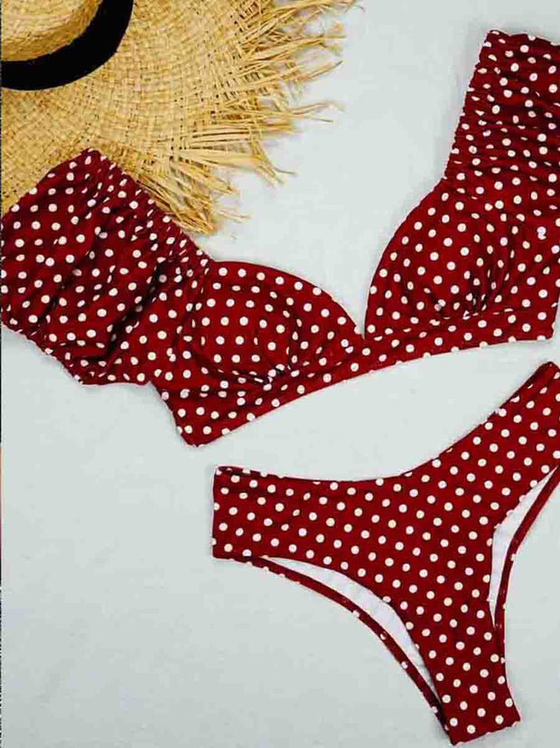 Bubble Sleeve Dot Print Two pieces Swimsuit (3 Colors)