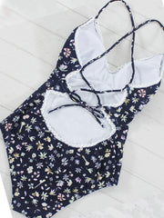 One-piece Swimsuit With Backless Plant Print