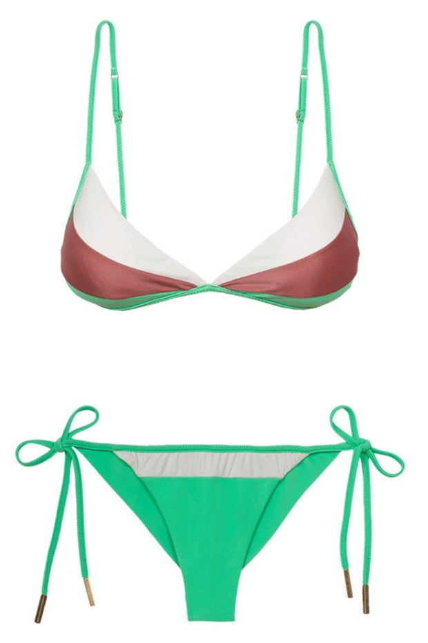 Backless Color-lump Patchwork Bandage Green Bikini Set