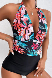 Deep V Open Back Leaf Print One-piece Swimsuit