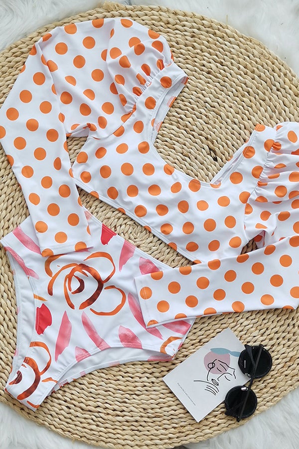 Long Sleeve Orange Polka Dot Print Bikini