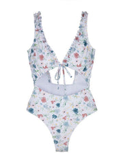 Floral Print Hollow Lace-Up One-Piece Swimwear