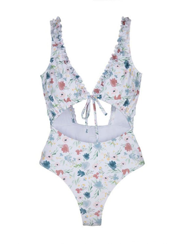 Floral Print Hollow Lace-Up One-Piece Swimwear