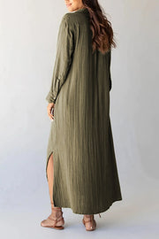 Green Crinkled Pocketed Side Slits Loose Maxi Dress