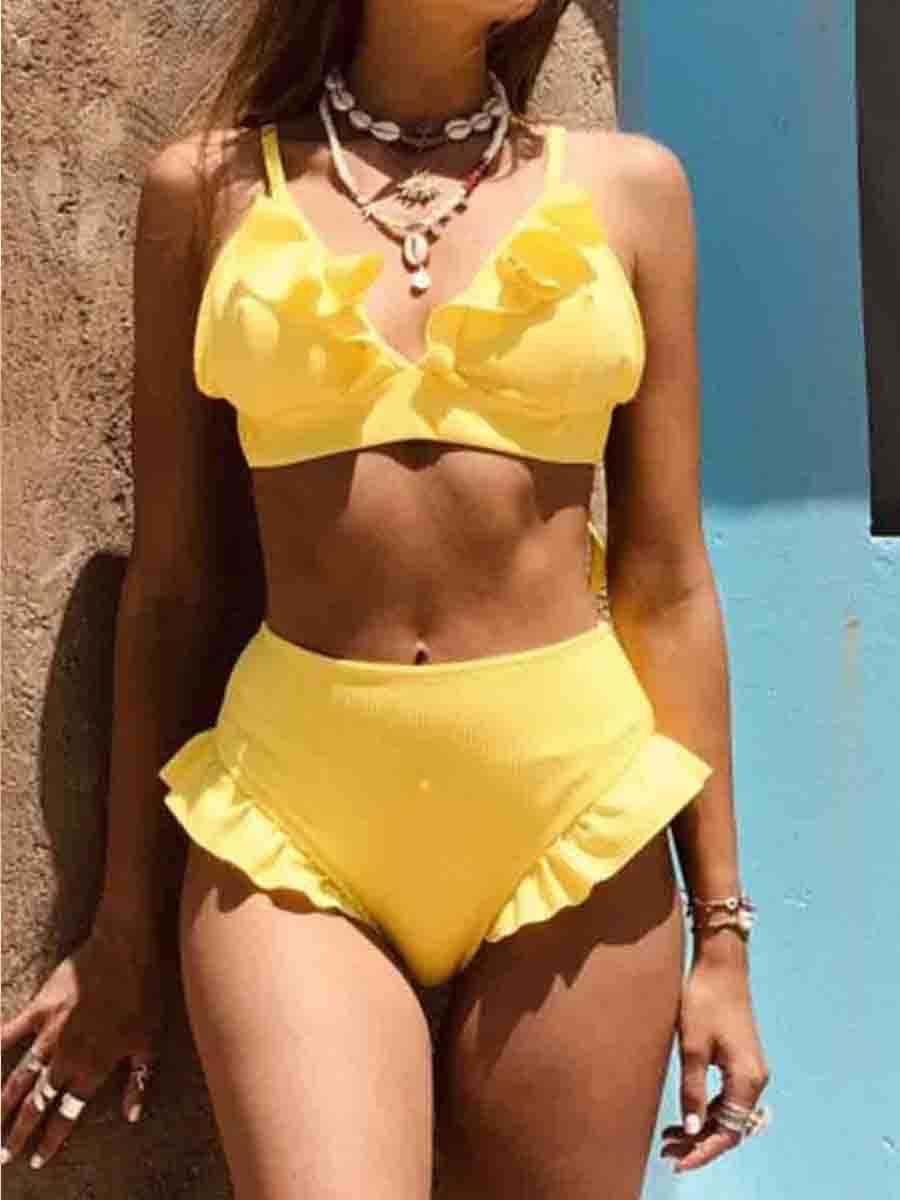 Spaghetti Strap Flounce Design Solid Two Pieces Swimsuit (3 Colors)