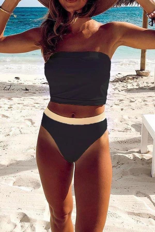 Solid Color High Waist Strapless Bikini