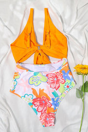 Knotted Cutout Print One-piece Swimsuit