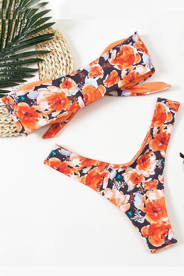 Bandeau Floral Print Knot Orange Bikini Set