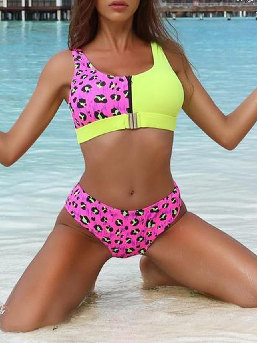 Leopard Floral Patchwork Zipper Bikini Set
