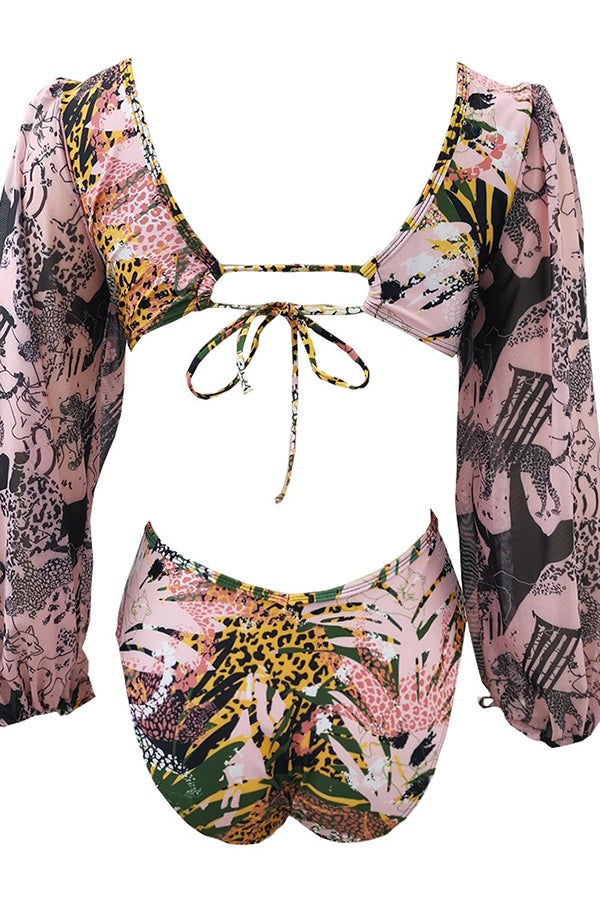 Leopard Print Puff Sleeve Hollow One-Piece Swimsuit