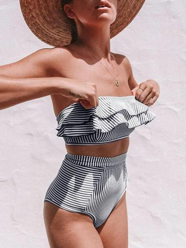 Flounce Sleeve Bandeau Stripe Swimsuit