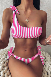 Swimming At Sunset One Shoulder Striped Bikini Swimsuit