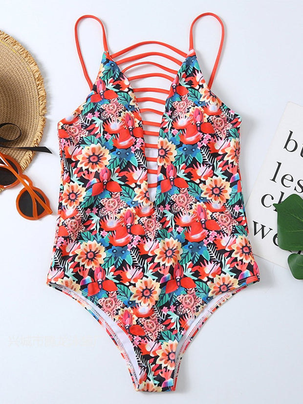 Floral Print Hollow One-piece Swimsuit